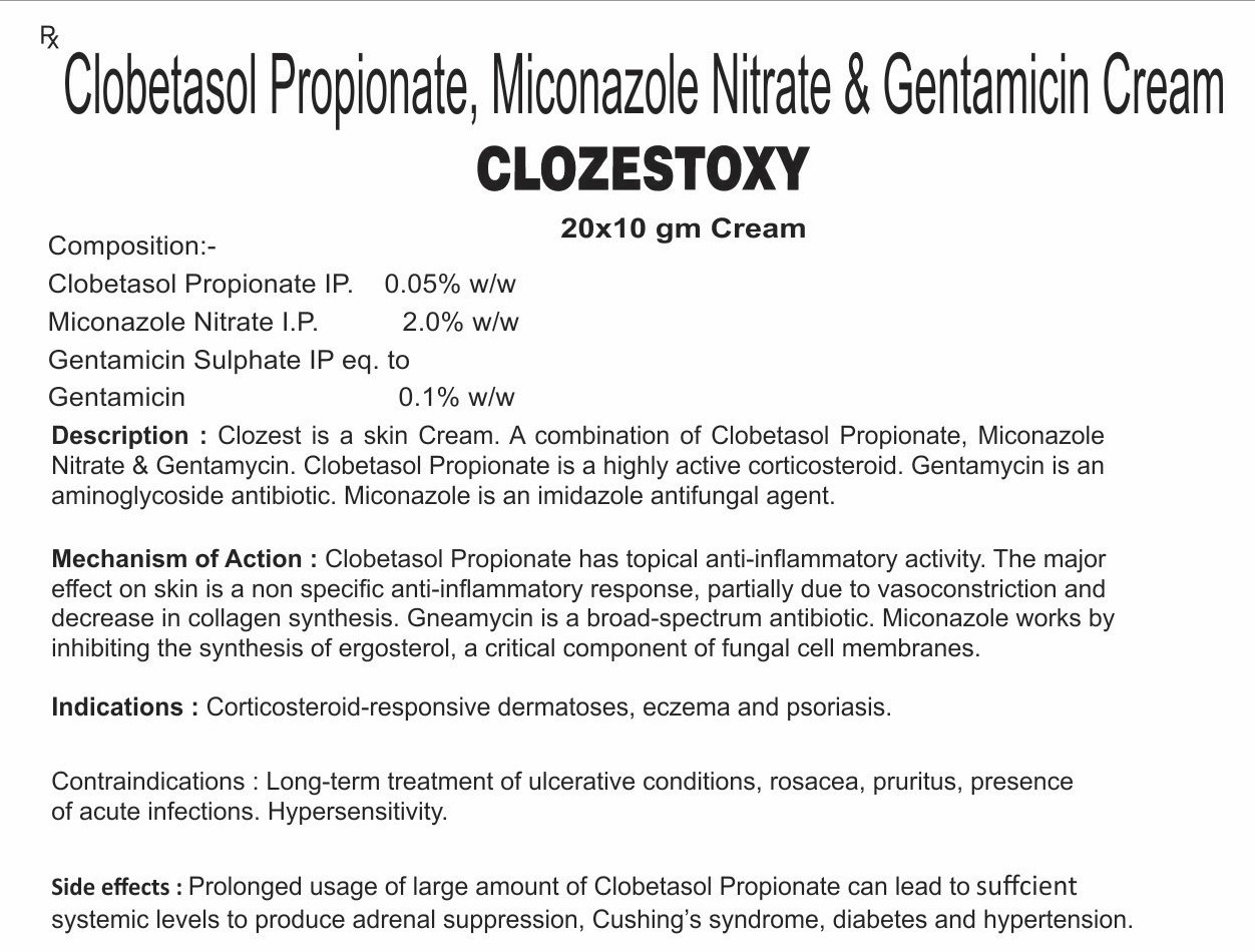 COMPOSITION:- CLOBETASOL PROPIONATE IP. 0.05% W/WMICONAZOLE NITRATE I.P. 2.0% W/W GENTAMICIN SULPHATE I.P. EQUIVALENT TO GENTAMICIN 0.1% W/W